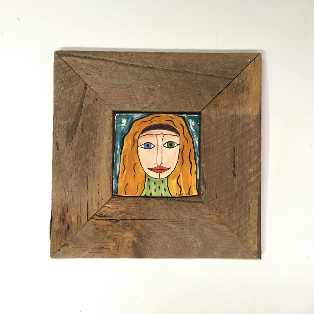 ARTWORK, Portrait Lady (Small) - Painted Tile In Rustic Frame